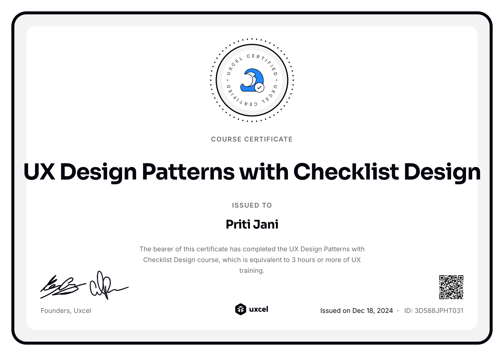 Priti Jani's certificate